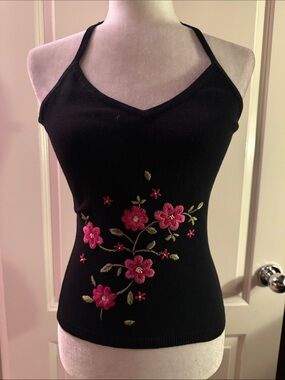 INC International Concepts Black Camisole with Pink Floral Embroidery Small VTG